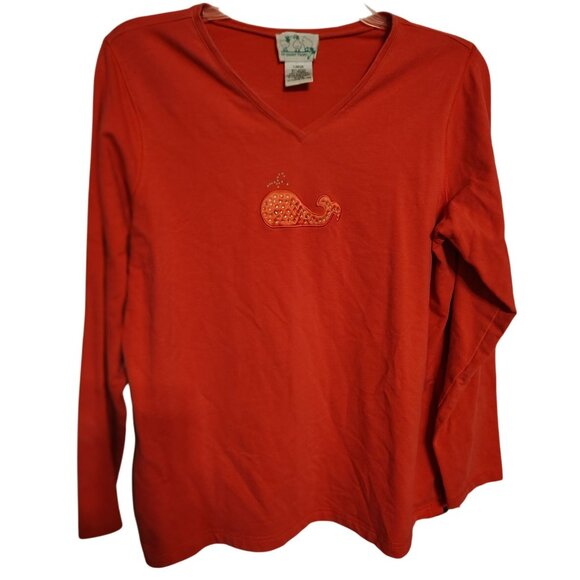 Quacker Factory Large Bright Pink Long Sleeve Shirt, Whale, Rhinestone V-Neck - Picture 2 of 4